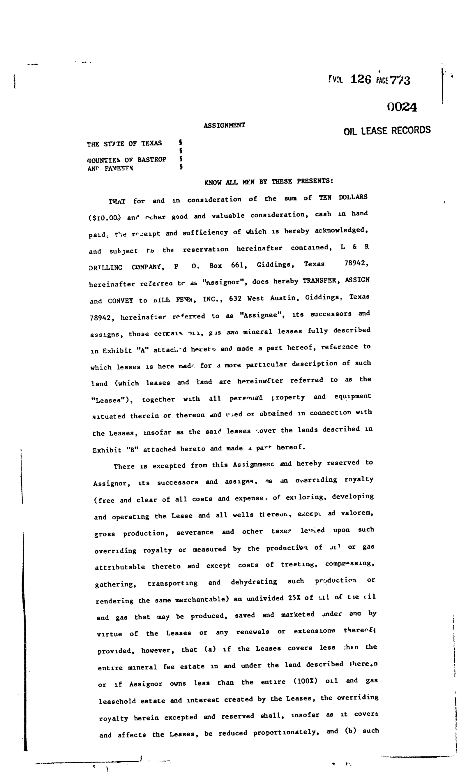 L & R Drilling Company - Recorded Assignment (Vol. 126, Page 773)